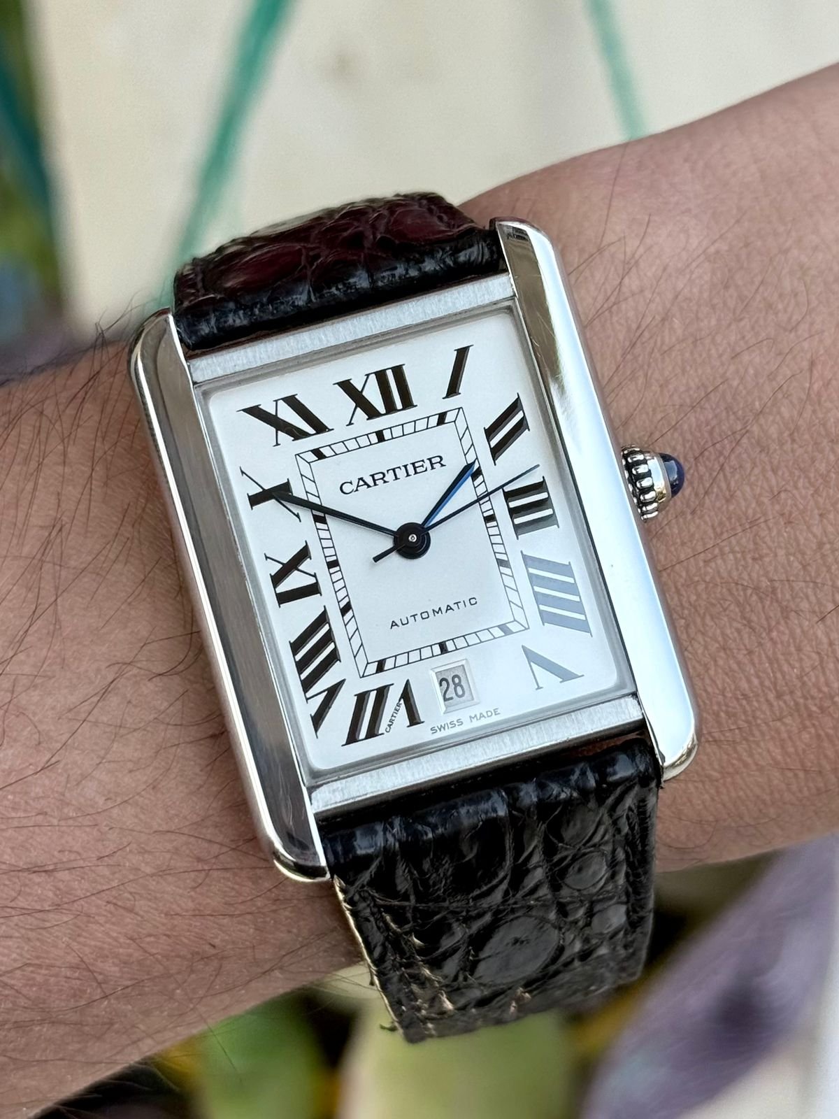 Cartier Tank Mirror Watch for Men – Silver Case, White Dial & Black Leather Strap