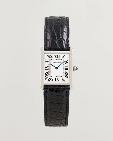 Cartier Tank Mirror Watch for Men – Silver Case, White Dial & Black Leather Strap
