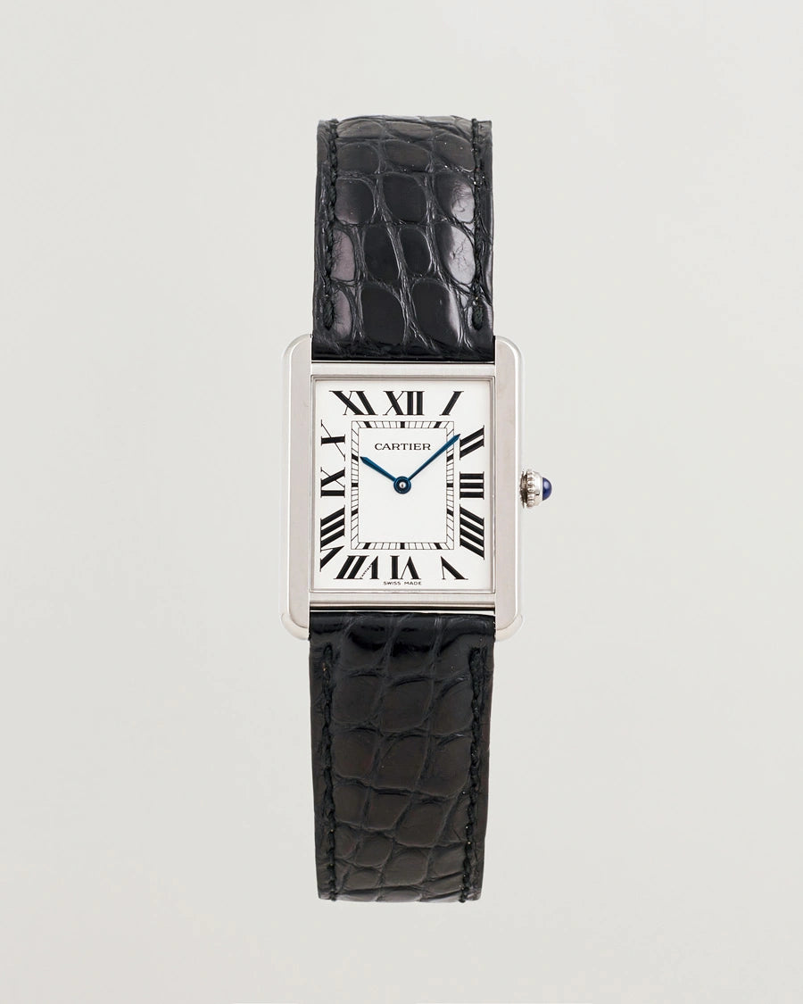 Cartier Tank Mirror Watch for Men – Silver Case, White Dial & Black Leather Strap