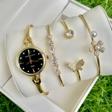 Anne Klein Women's Gold Watch Set with Black Dial and Four Elegant Bracelets – Gift Box