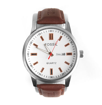 Fossil Men’s Quartz Watch – High Quality Edition, Silver Case, White Dial & Brown Leather Strap