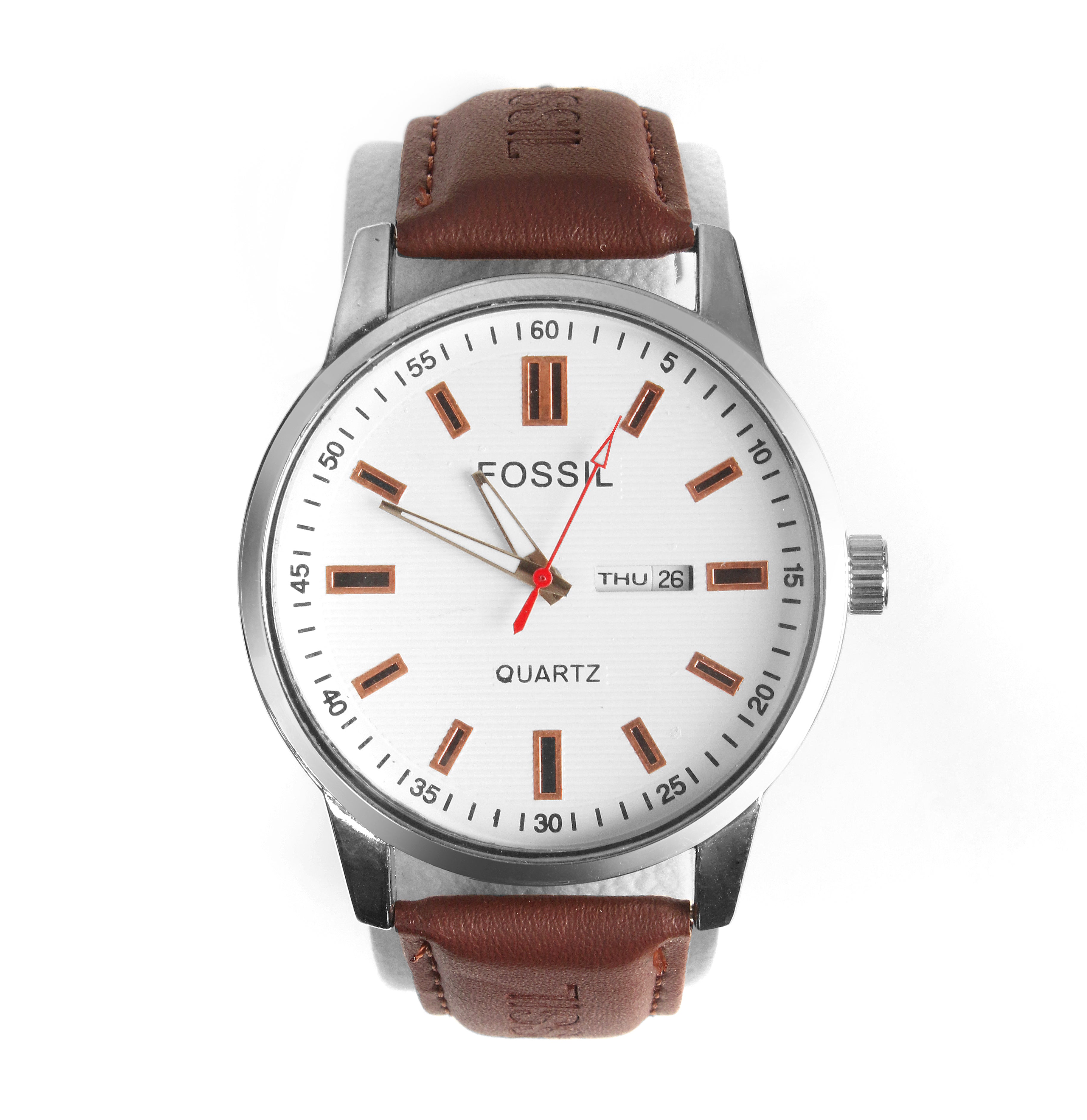 Fossil Men’s Quartz Watch – High Quality Edition, Silver Case, White Dial & Brown Leather Strap