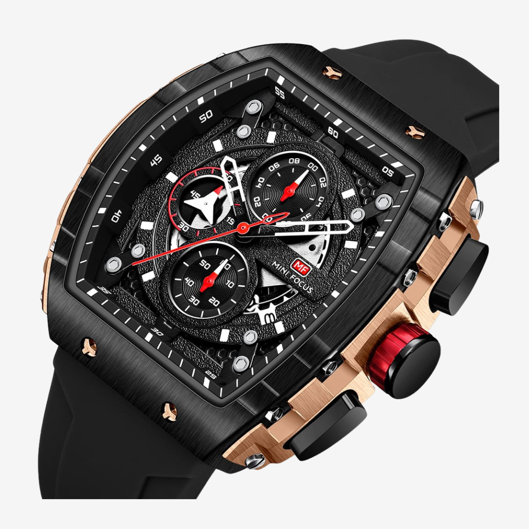 Mini Focus MF0399G Men's Original Watch – Black Dial with Gold Bezel and Black Rubber Strap