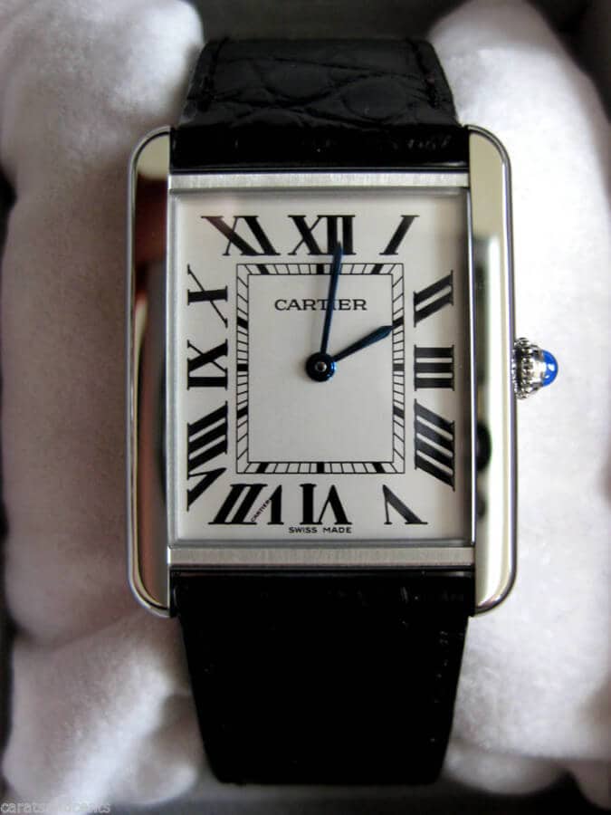 Cartier Tank Mirror Watch for Men – Silver Case, White Dial & Black Leather Strap
