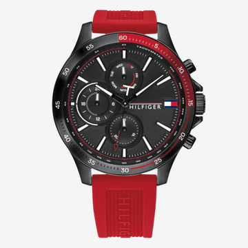 Tommy Hilfiger Men’s Watch 44mm Black Dial Red Silicon Strap Mirror Edition