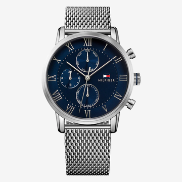 Tommy Hilfiger Men's Kane Chronograph Watch – Mirror Original, Silver Mesh Strap & Navy Blue Dial