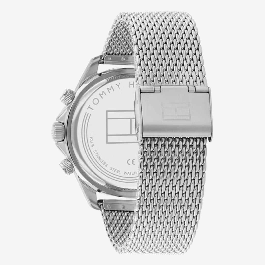 Tommy Hilfiger Men's Kane Chronograph Watch – Mirror Original, Silver Mesh Strap & Navy Blue Dial