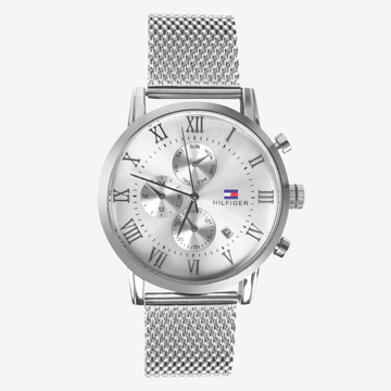Tommy Hilfiger Men's Kane Chronograph Watch – Mirror Original, Silver Mesh Strap & White Dial