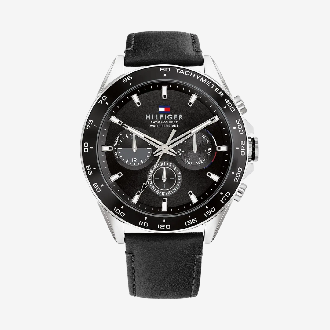 Tommy Hilfiger Men’s Watch 1791964 44mm Black Dial Black Leather Strap Quartz Analog Original