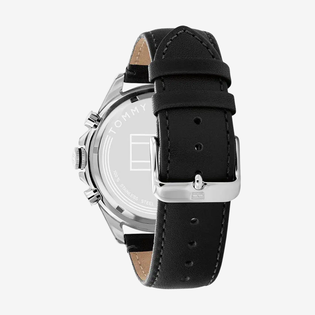 Tommy Hilfiger Men’s Watch 1791964 44mm Black Dial Black Leather Strap Quartz Analog Original