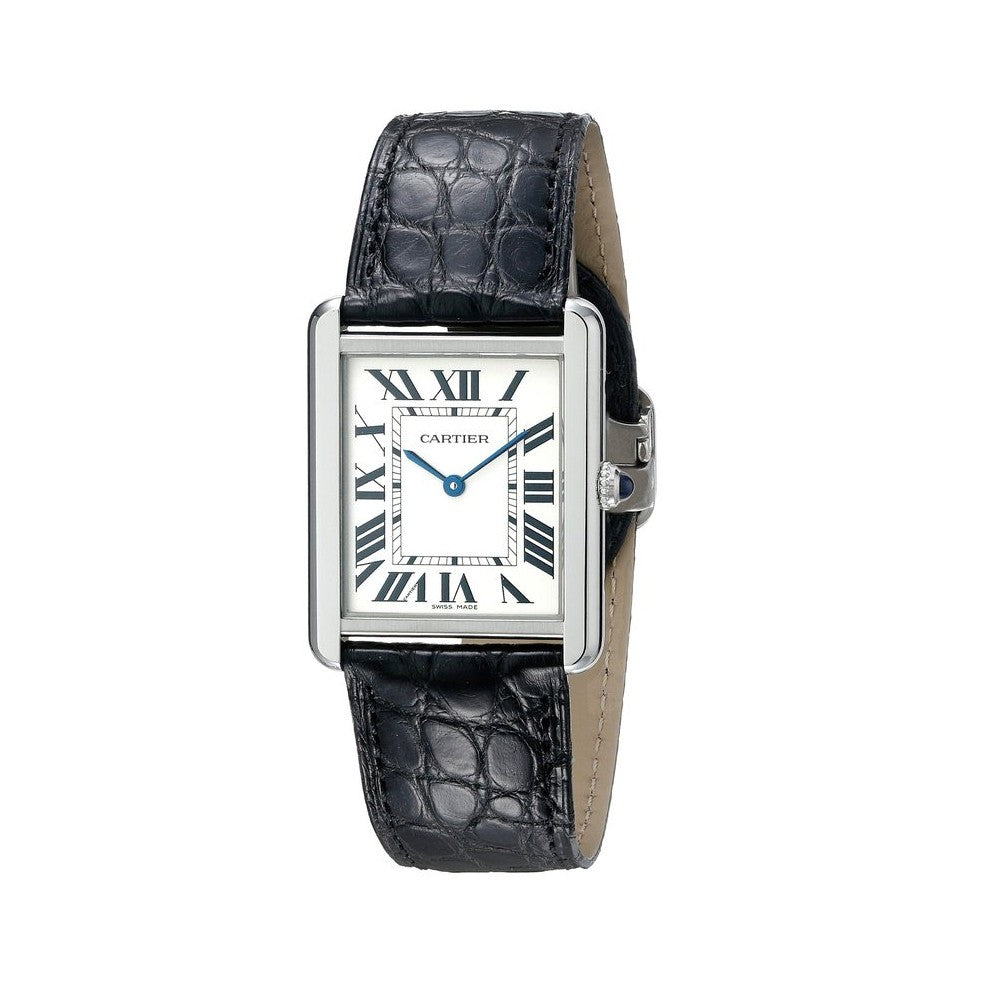 Cartier Tank Mirror Watch for Men – Silver Case, White Dial & Black Leather Strap