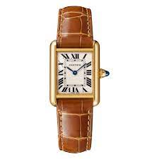 Cartier Tank Mirror Watch for Men – Gold Case, White Dial & Havana Brown Leather Strap