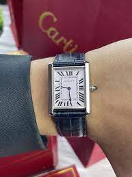 Cartier Tank Mirror Watch for Men – Silver Case, White Dial & Black Leather Strap
