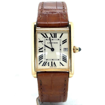 Cartier Tank Mirror Watch for Men – Gold Case, White Dial & Havana Brown Leather Strap