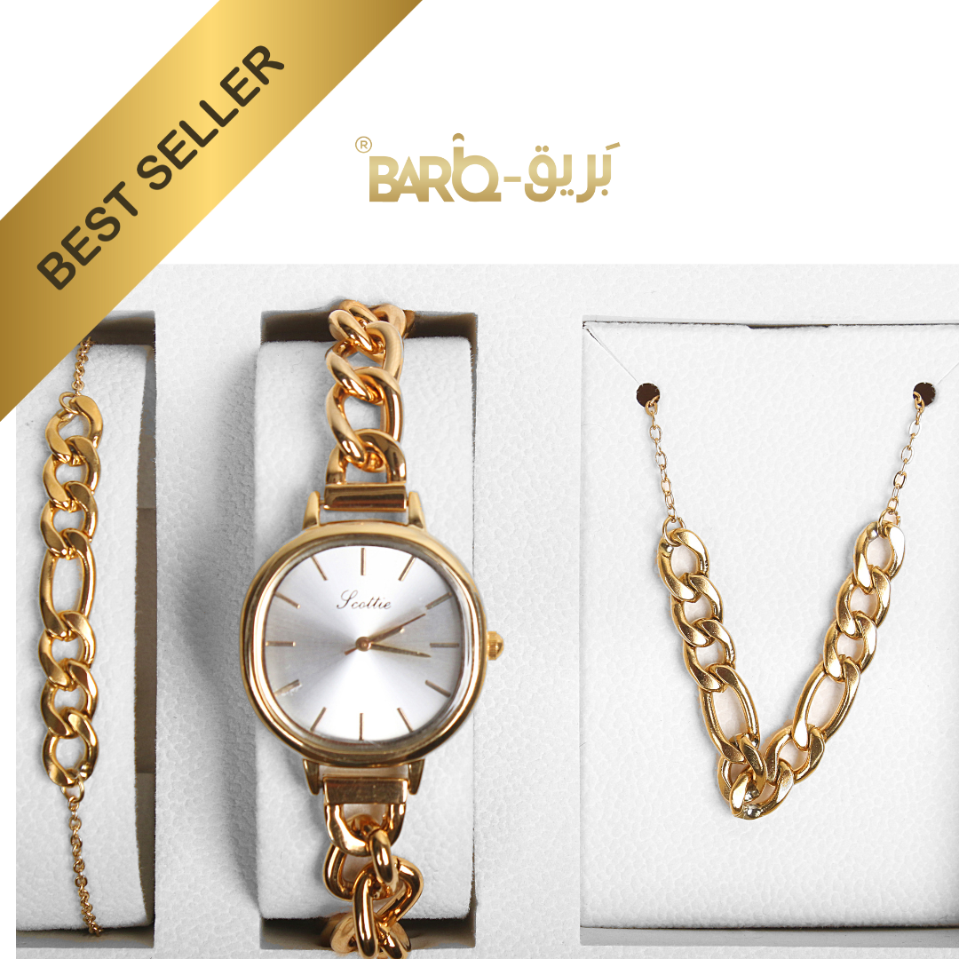 Jcottie Golden Accessory Set for Women: Stylish Watch, Necklace & Bracelet