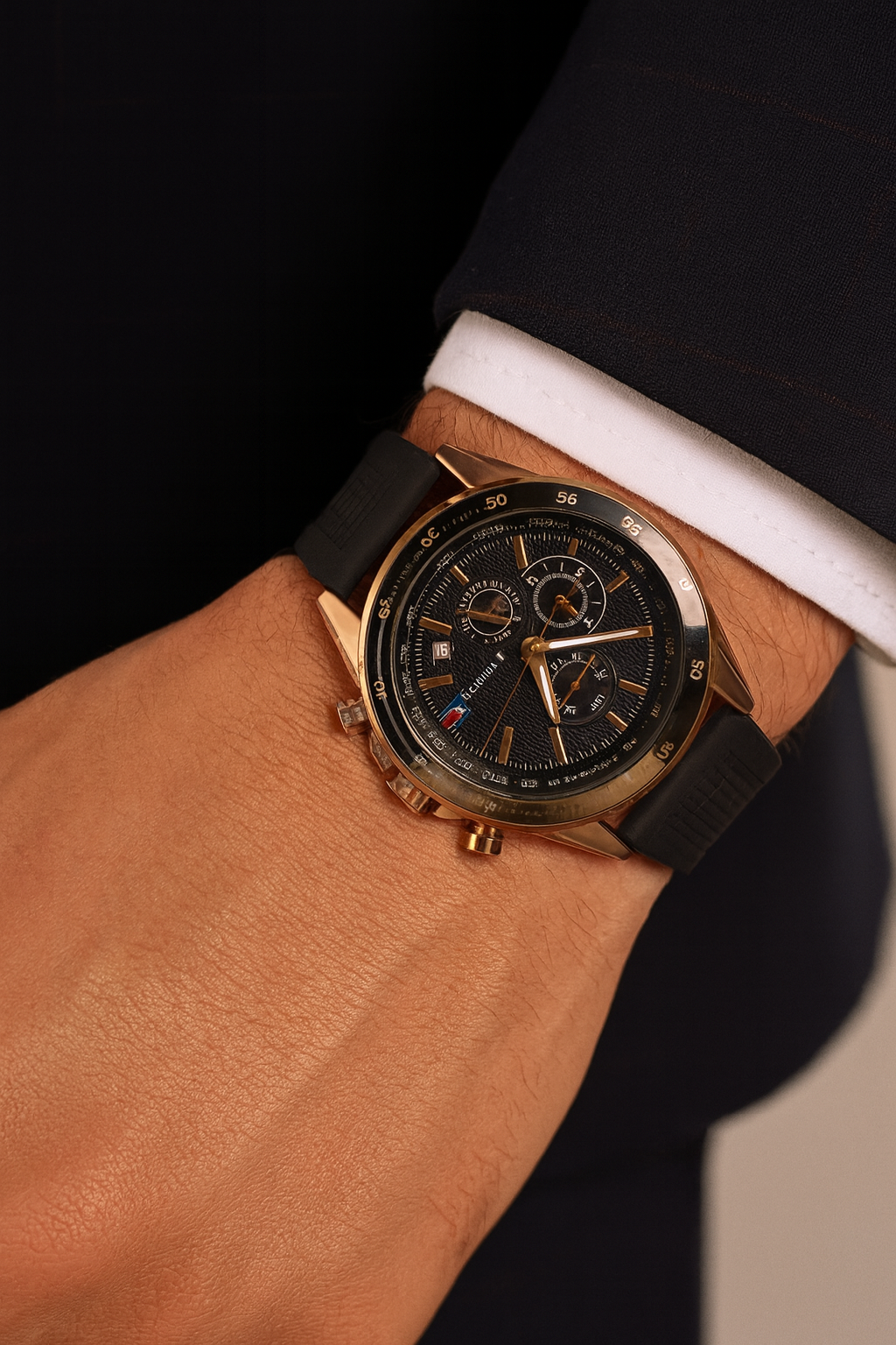 Tommy Hilfiger Men's  Watch – Quarters, Black Rubber Strap, Dual-Tone Black & Gold Case, 46mm - Mirror Edition