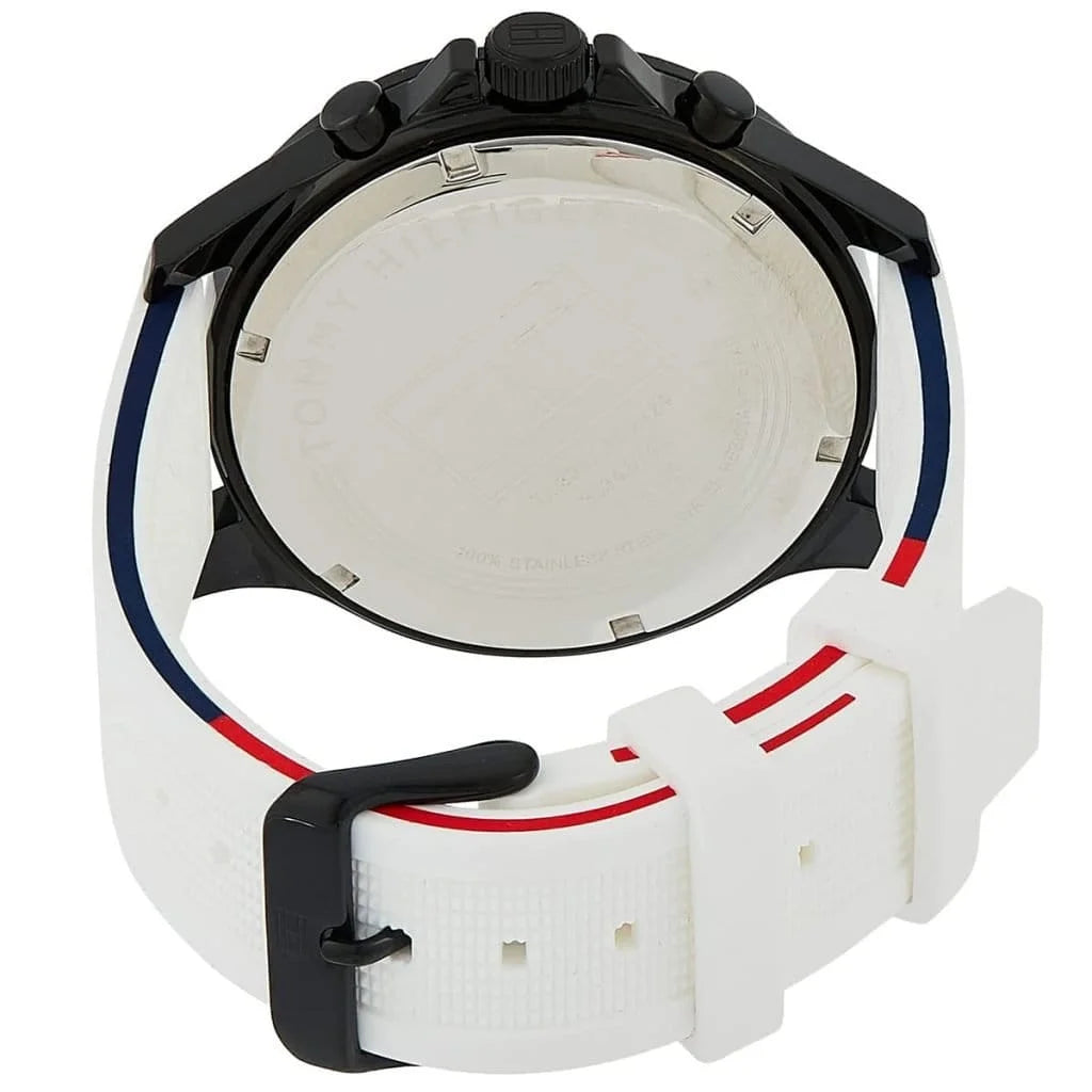 Tommy Hilfiger Men’s Chronograph Watch – White Dial, White Rubber Strap, Blue & Black Case, 46mm Mirror Edition