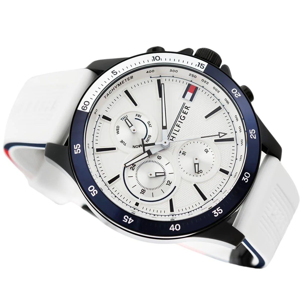 Tommy Hilfiger Men’s Chronograph Watch – White Dial, White Rubber Strap, Blue & Black Case, 46mm Mirror Edition
