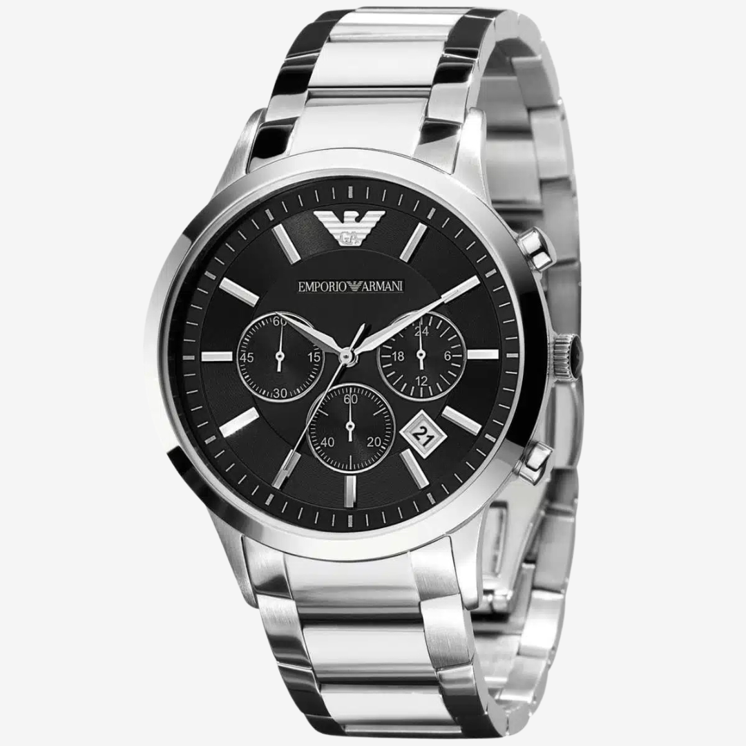 Emporio Armani Renato Silver Stainless Steel Black Dial Chronograph Watch 44mm – Mirror Original