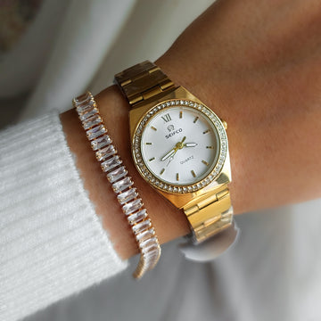 Seifco Crystal Stones Watch 32 – Gold Stainless Steel, Japanese Movement, Original