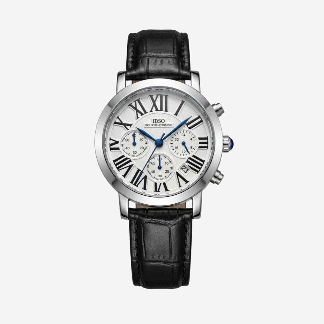 IBSO Men's Watch  White Dial 44mm , Roman Numerals Black Leather Strap Quartz Movement Original Edition