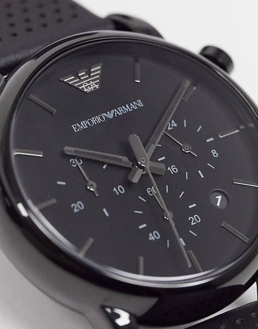 Emporio Armani Men's Black Dial Leather Band Watch - Japanese Quartz, Analog