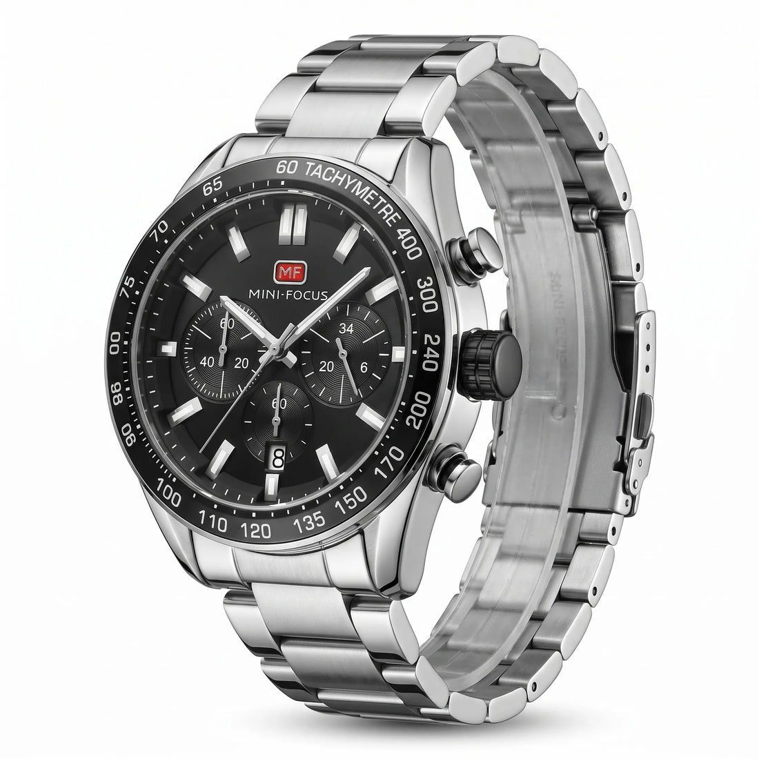 Mini Focus Men’s Chronograph Watch 44mm – Stainless Steel Strap, Black Dial, Sport Style Original