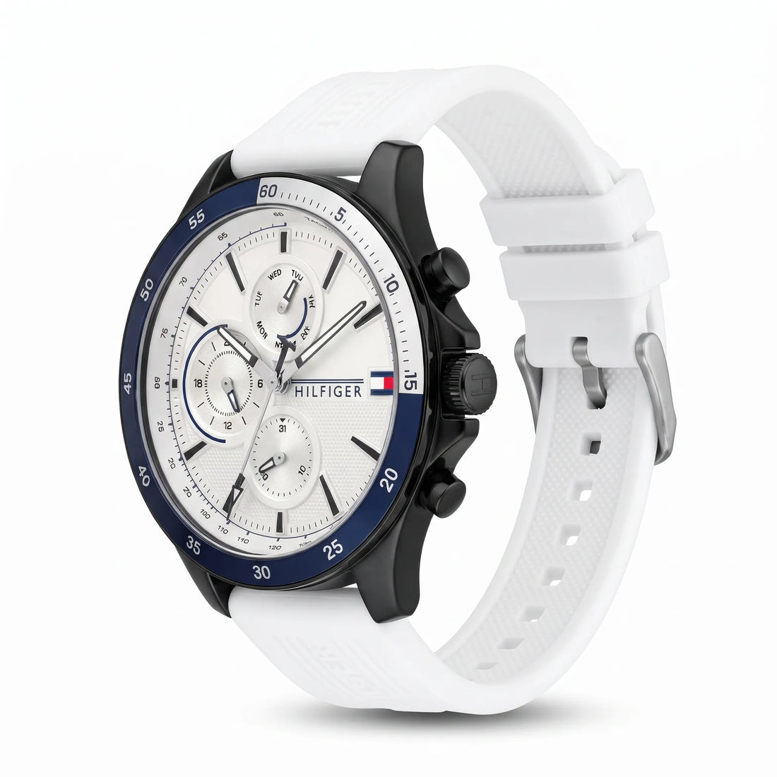 Tommy Hilfiger Men's Watch 1791723 – Quarters, White Rubber Strap, 46mm Case - Original