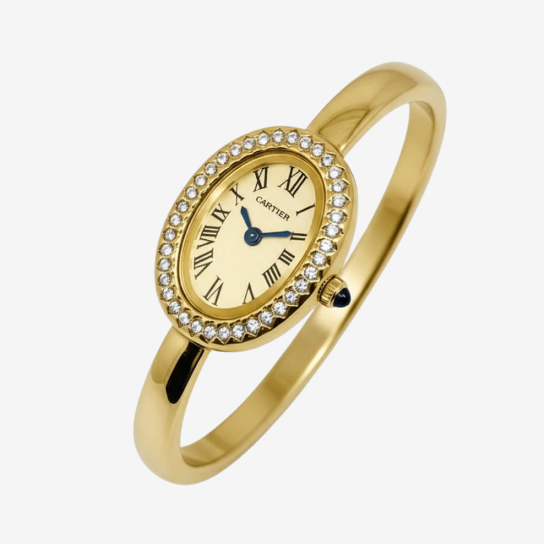 Cartier Baignoire Women's Watch Gold Tone with Crystal Bezel Oval Light Gold Dial  Roman Numerals  Quartz Movement Mirror Edition