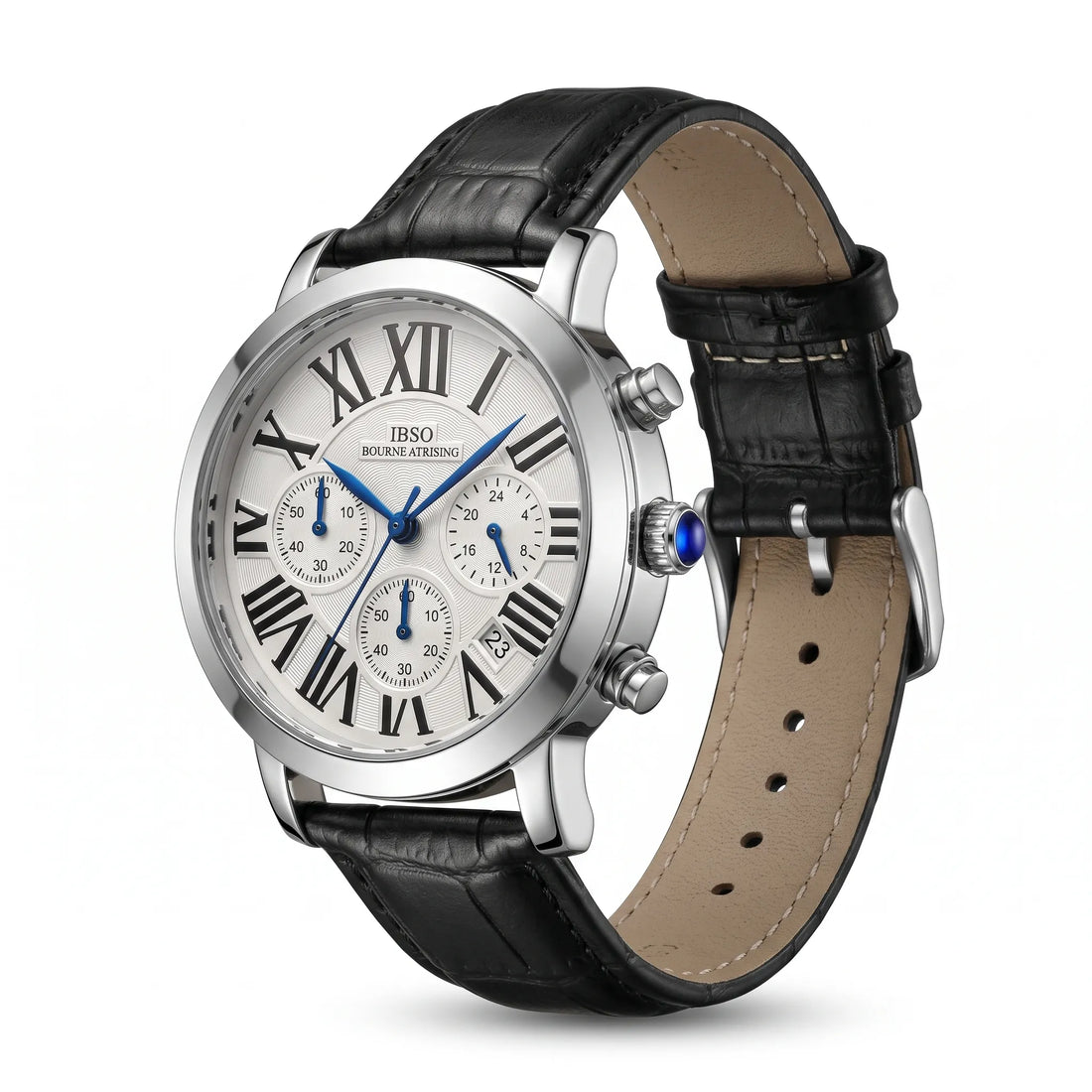 IBSO Men's Watch  White Dial 44mm , Roman Numerals Black Leather Strap Quartz Movement Original Edition