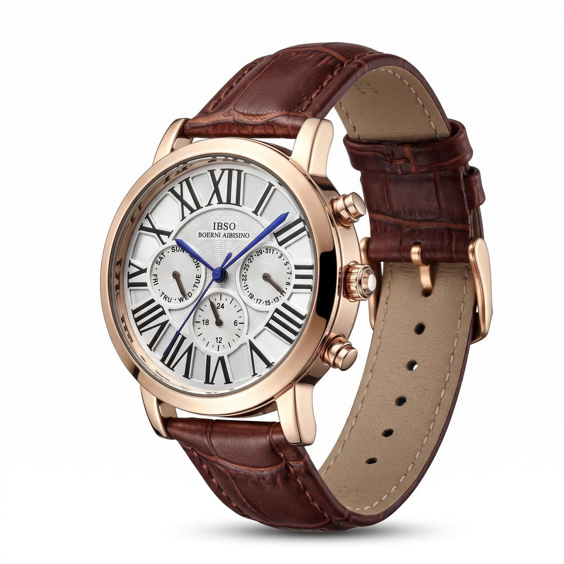 IBSO Men's Watch Light Gold Dial 44mm , Roman Numerals Brown Leather Strap Quartz Movement  Original Edition