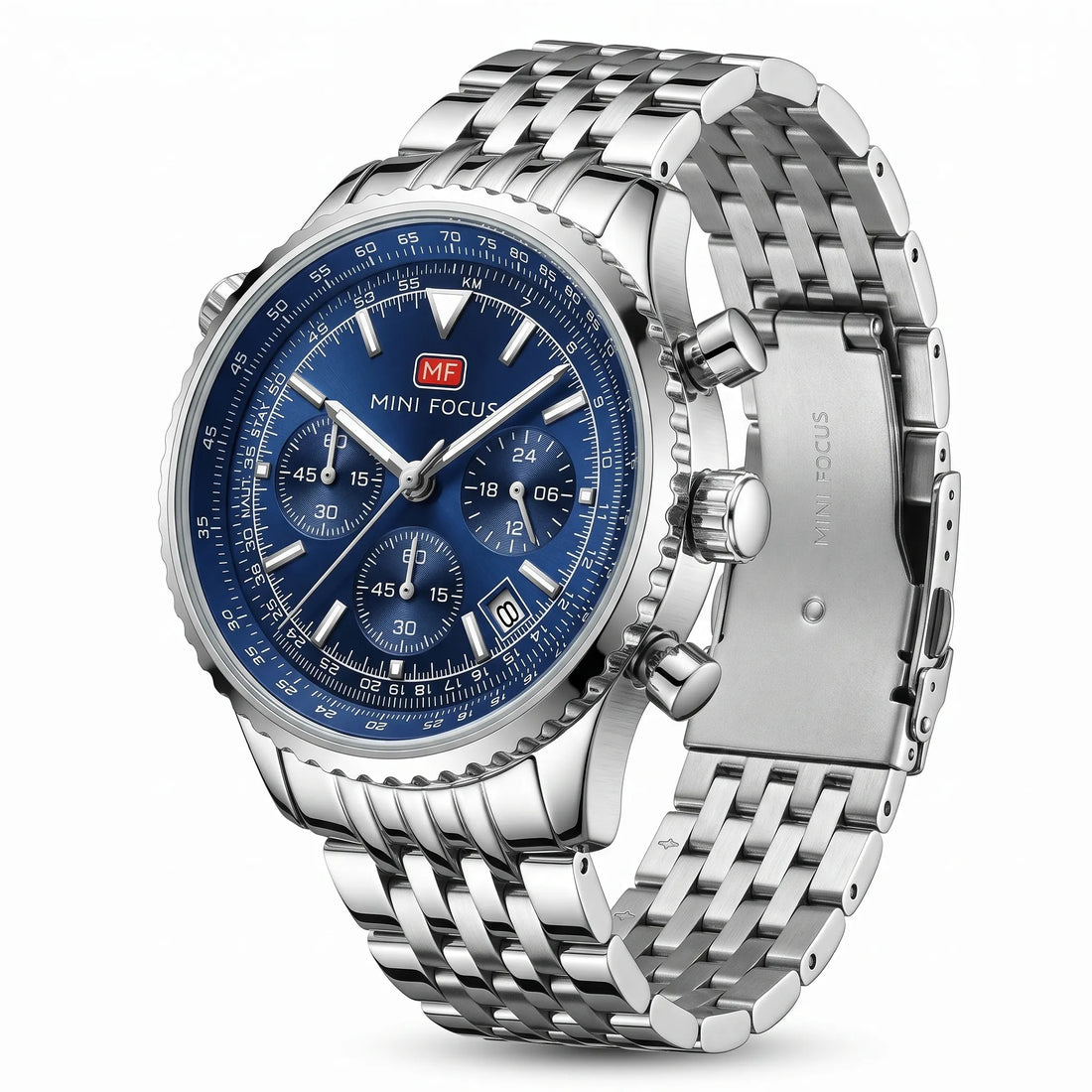 Mini Focus MF0463G Men’s Stainless Steel Quartz Watch  Silver Strap, Navy Blue 43mm Dial Chronograph, Waterproof Original