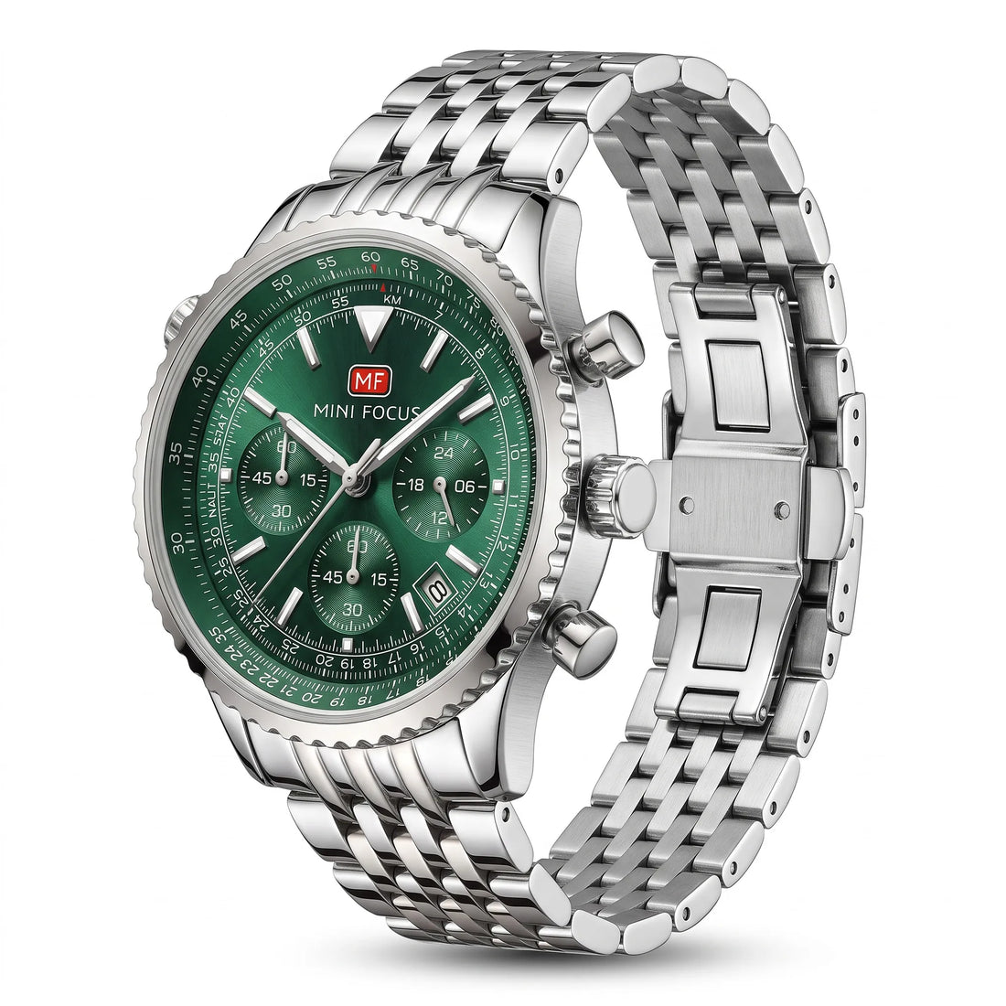 Mini Focus MF0463G Men’s Stainless Steel Quartz Watch Silver Strap, dark green Dial 43mm Chronograph, Luminous, Waterproof Original