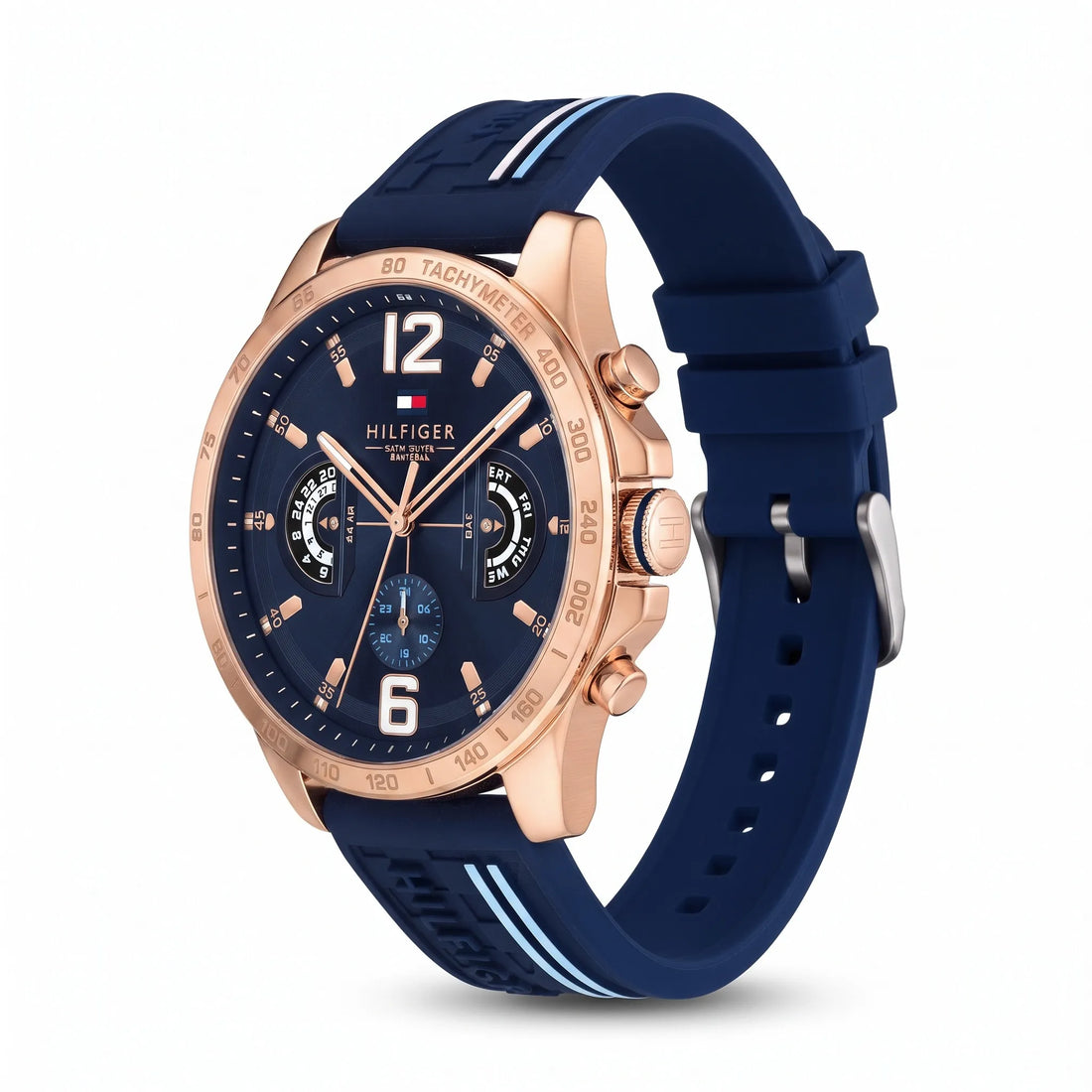 Tommy Hilfiger Men's  Sport Watch 1791474 – 44mm, Blue Rubber Strap, Gold Case & Blue Dial - Original