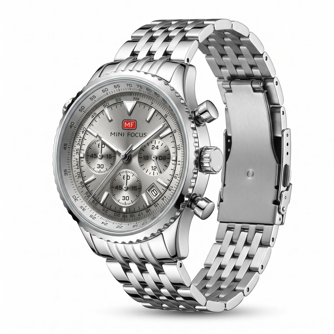 Mini Focus MF0463G Men’s Stainless Steel Quartz Watch Silver Strap, White Dial 43mm Chronograph, Luminous, Waterproof Original