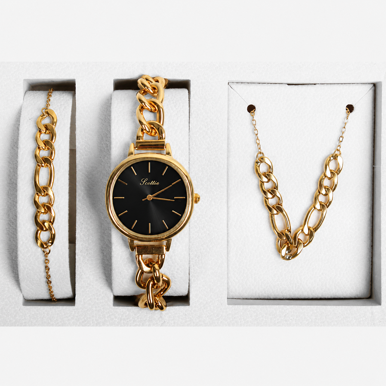 Scottie Women’s Set Golden Watch Necklace Bracelet Stylish Original