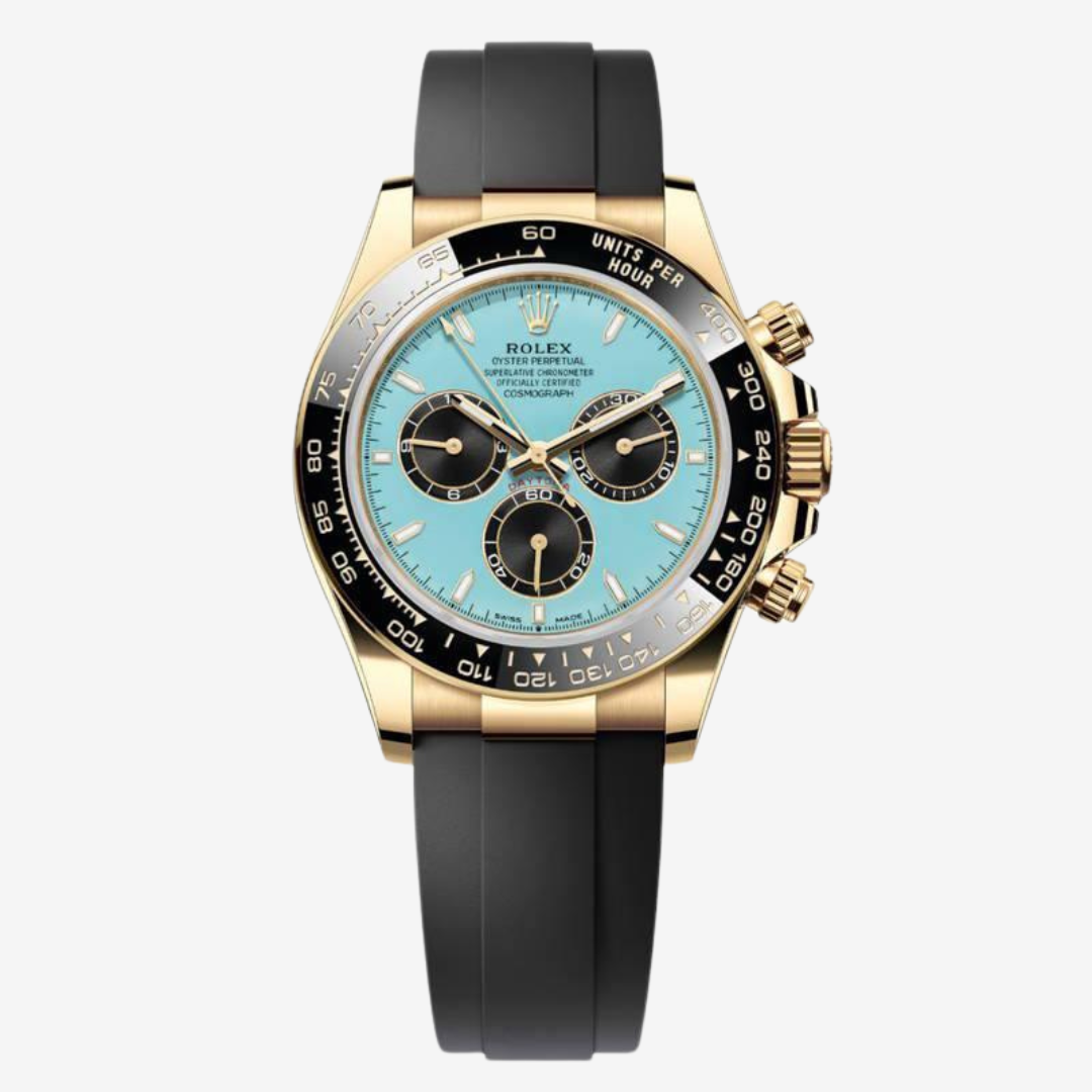 Rolex Daytona Unisex Watch Automatic 40mm – Light Blue Dial, Black Rubber Strap, Gold-Tone Bezel – Mirror Edition