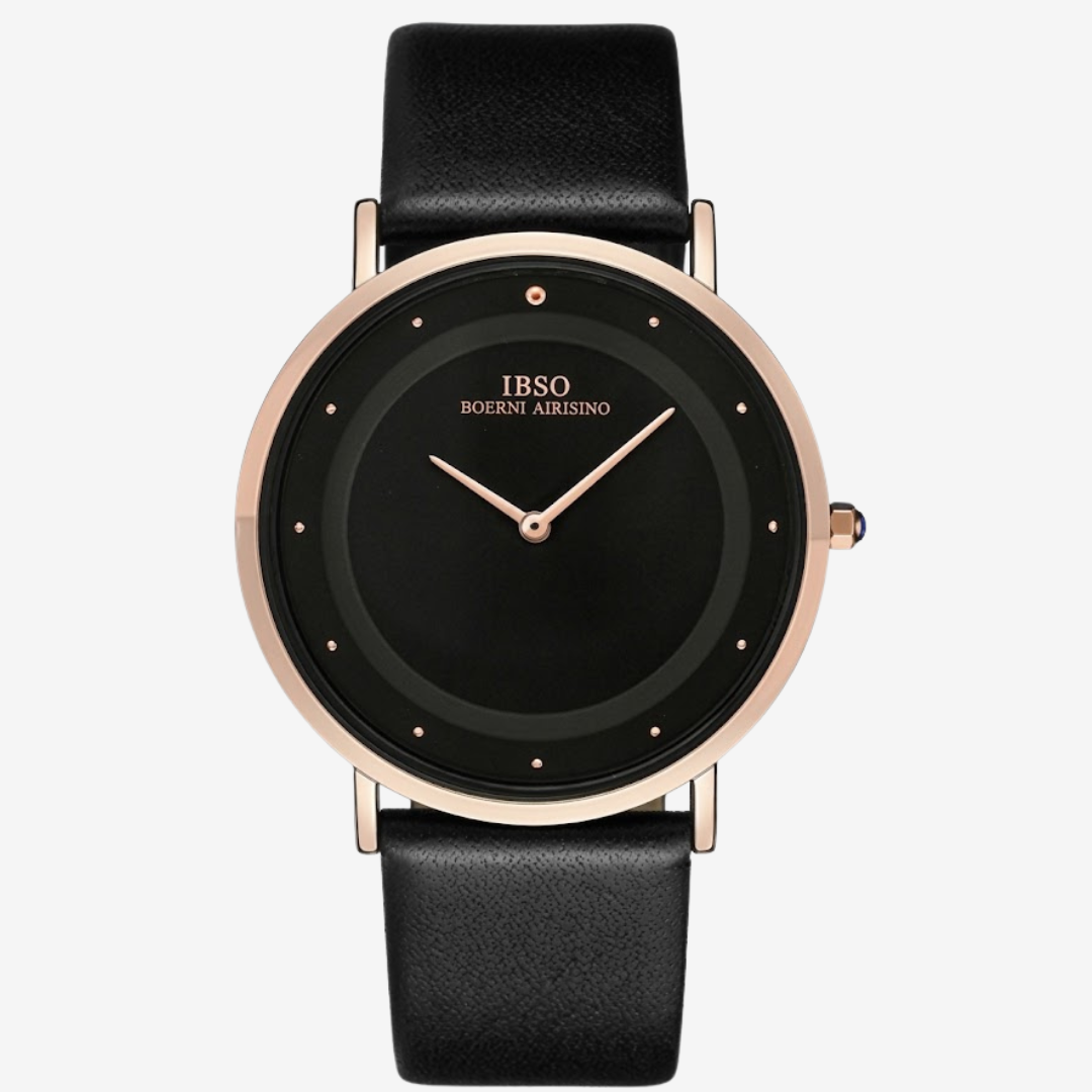 IBSO Slim Flat Watch 40mm | Unisex Minimalist Black Dial with Gold Bezel & Leather Strap | Original