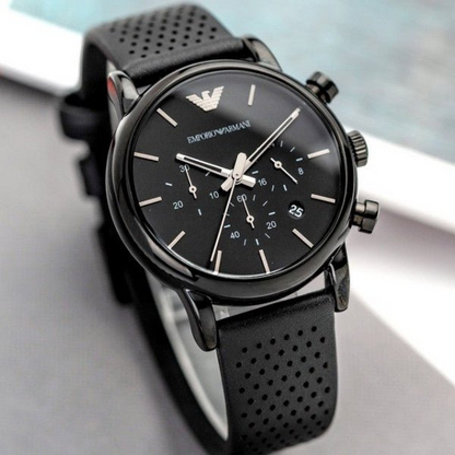 Emporio Armani Men's Black Dial Leather Band Watch - Japanese Quartz, Analog