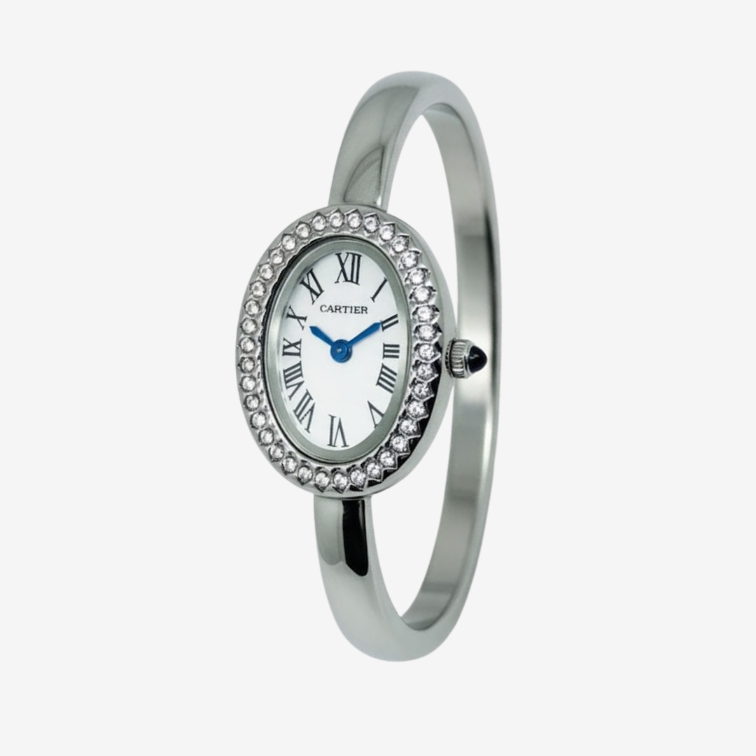 Cartier Women’s Watch – Silver Tone with Crystal Bezel – Oval White Dial – Roman Numerals – Quartz Movement – Mirror Edition