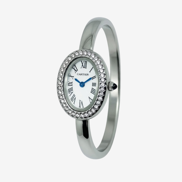 Cartier Women’s Watch – Silver Tone with Crystal Bezel – Oval White Dial – Roman Numerals – Quartz Movement – Mirror Edition