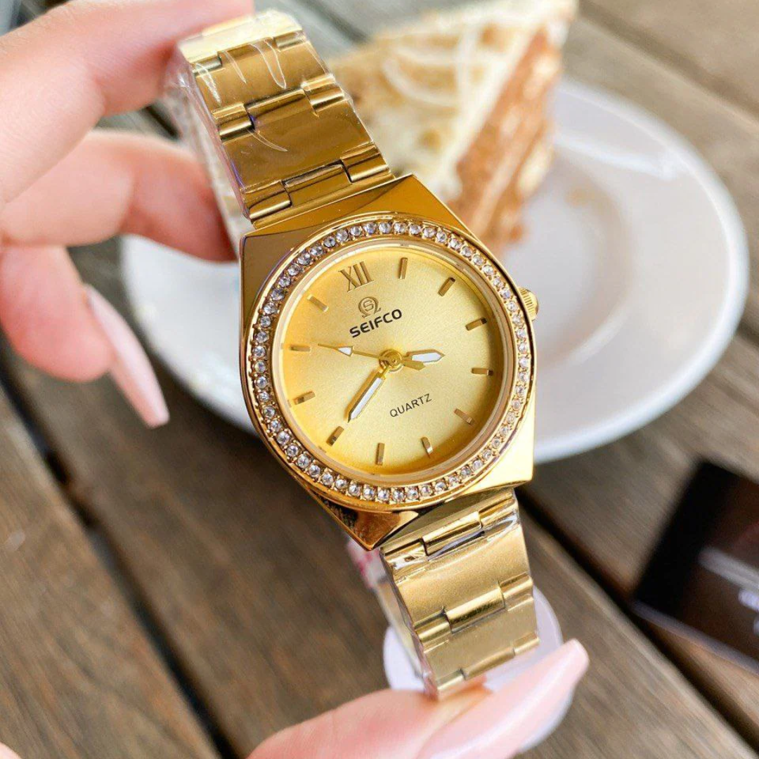 Seifco Crystal Stones Watch 36 Gold Stainless Gold Dial Original