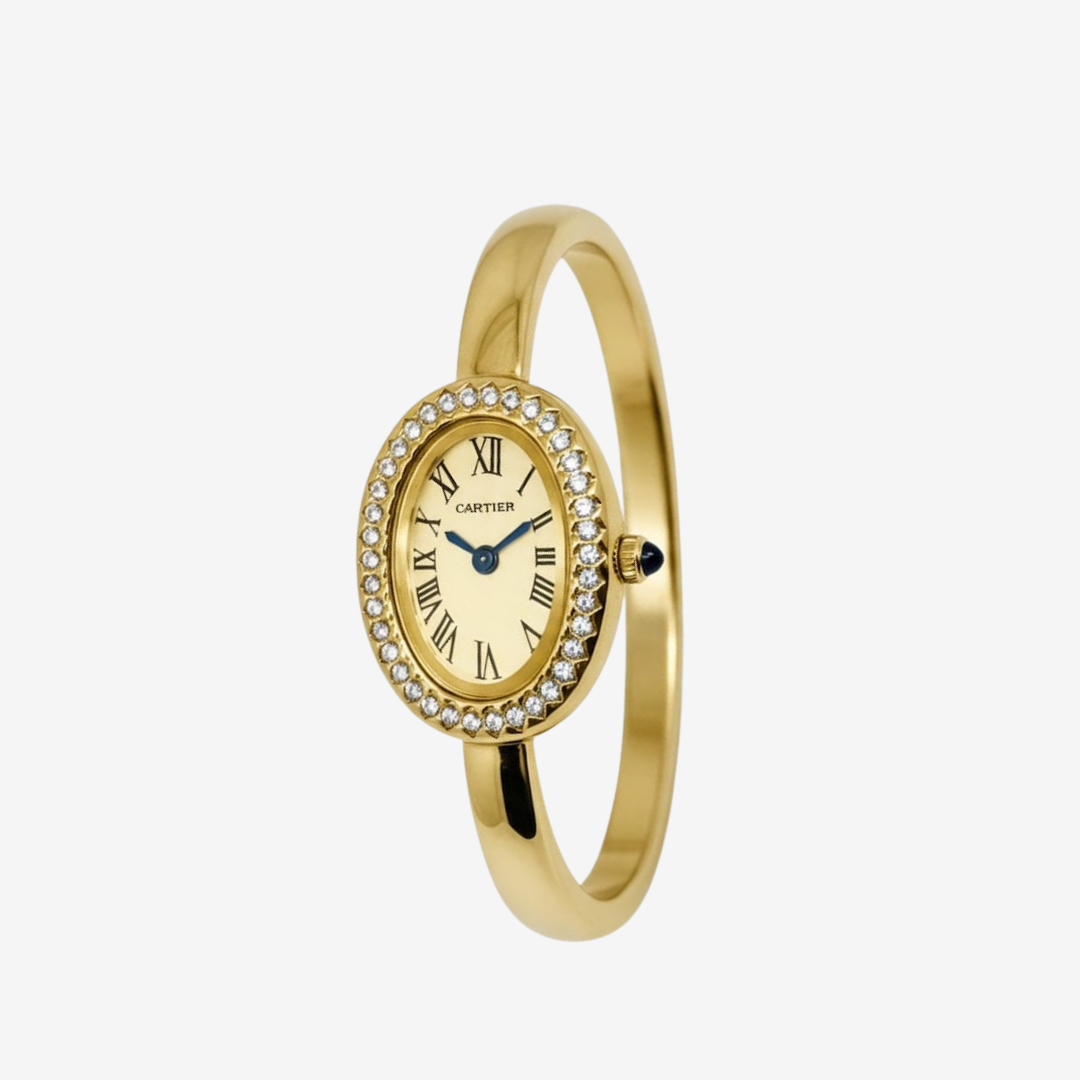 Cartier Baignoire Women's Watch Gold Tone with Crystal Bezel Oval Light Gold Dial  Roman Numerals  Quartz Movement Mirror Edition