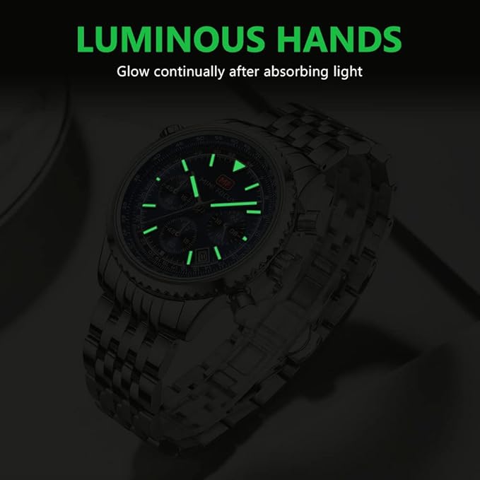 Mini Focus MF0463G Men’s Stainless Steel Quartz Watch Silver Strap, dark green Dial 43mm Chronograph, Luminous, Waterproof Original