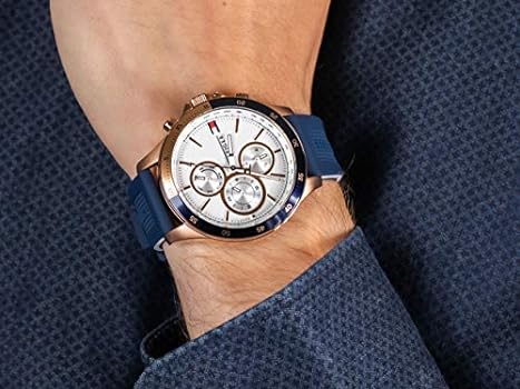 Tommy Hilfiger Men’s Quartz Watch 44mm Blue Rubber Strap White Round Dial Mirror Edition