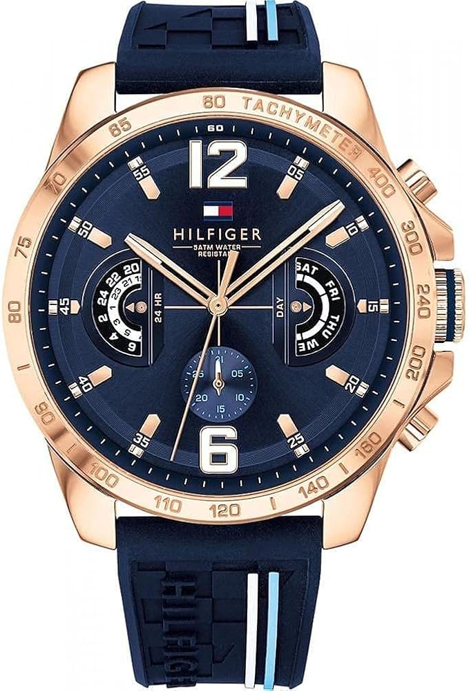 Tommy Hilfiger Men's  Sport Watch 1791474 – 44mm, Blue Rubber Strap, Gold Case & Blue Dial - Original