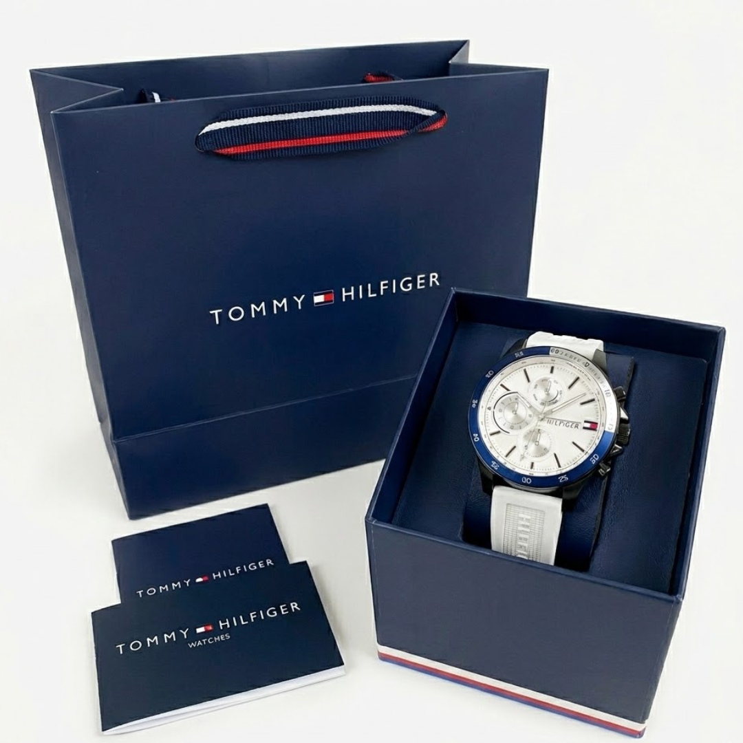 Tommy Hilfiger Men’s Chronograph Watch – White Dial, White Rubber Strap, Blue & Black Case, 46mm Mirror Edition