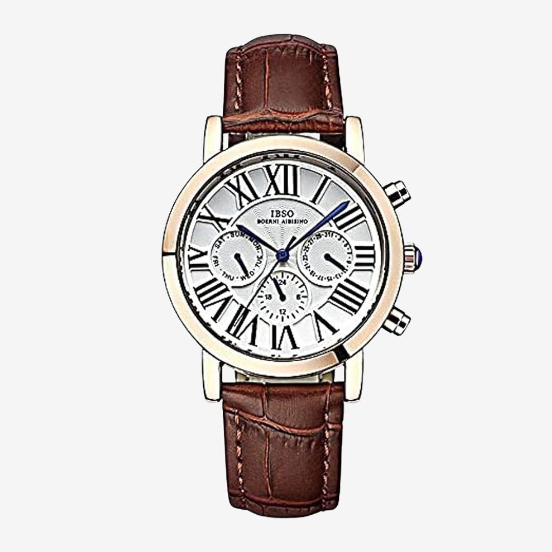 IBSO Men's Watch Light Gold Dial 44mm , Roman Numerals Brown Leather Strap Quartz Movement  Original Edition