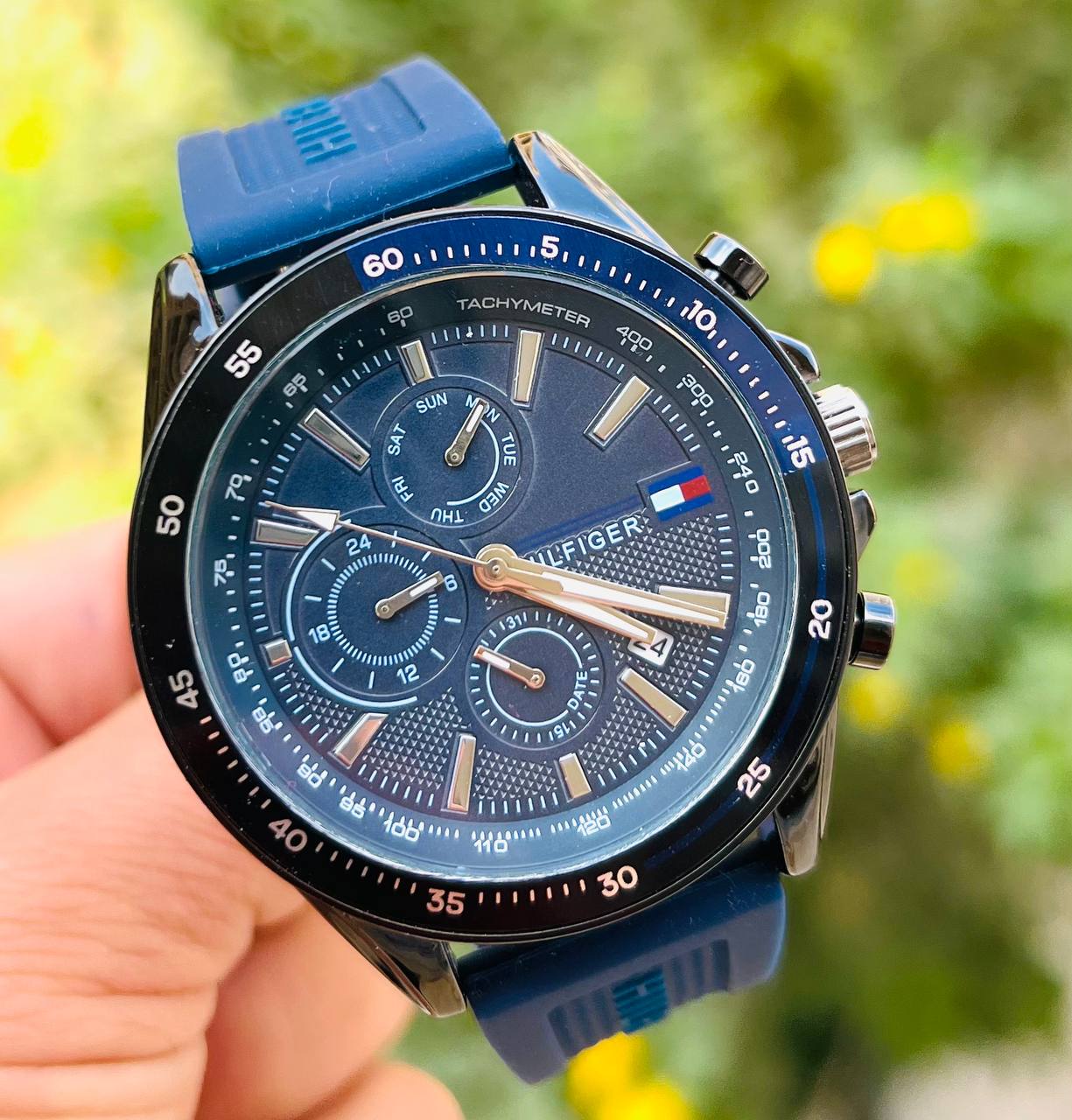 Tommy Hilfiger Men’s Chronograph Watch – Blue Dial, Blue Rubber Strap, Gunmetal Case, 46mm Mirror Edition