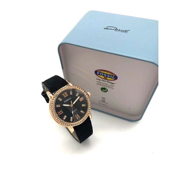 Fossil Women’s Watch Gold Tone with Crystal Bezel, Black Dial & Black Rubber Strap Mirror Original